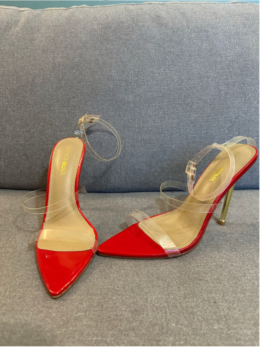 Fashion Nova Red Clear Strap Stiletto Heels Size 9